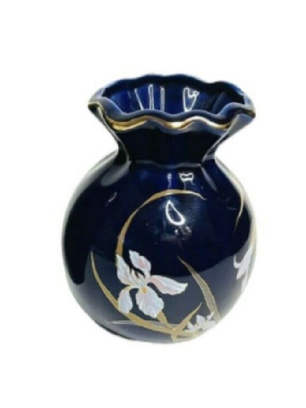 Vintage Japanese Cobalt Blue Porcelain Scalloped Iris Bud Vase 4.75" x 3.5"